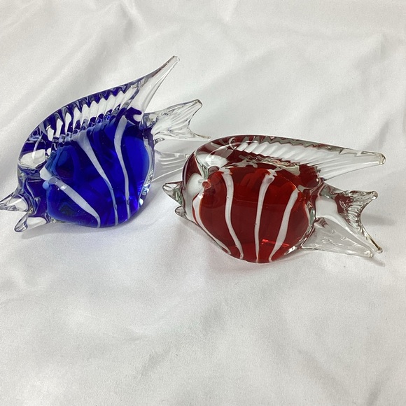Other - Glass Fish Figurines in Red and Blue Art Glass Fish Paperweights Decor